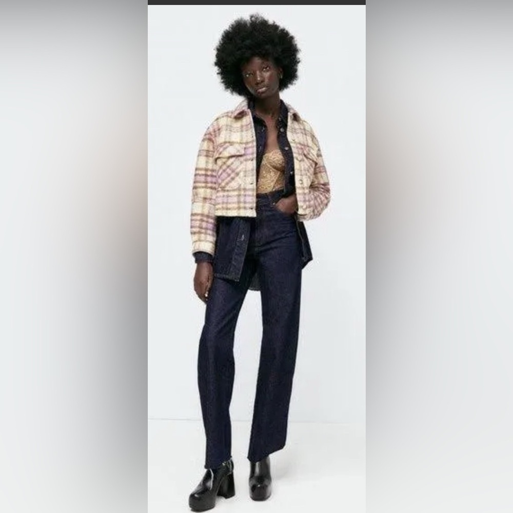 ZARA Cropped Plaid Jacket Shacket Purple Cream Size M NWT